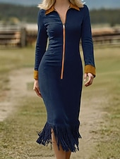 abordables Vestido Boho Occidental-Mujer Vestido Midi Vestido bohemio Vestido informal Elegante Moda Moderno Diario Noche Fin de semana Ajuste regular Plano Manga Larga Cuello Camisero Azul Marino Primavera Otoño Invierno