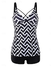 Недорогие Танкини-Тtankini для женщин 2 предмета купальник шорты контроль живота высокая талия,Slim без спины отпуск пляжная одежда полоска геометрический V-образный вырез безрукавный купальник