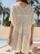 economico Abiti da spiaggia-Abito coprente costume da bagno con taglio lavorato a maglia moda da spiaggia colore solido scollo a V maniche corte