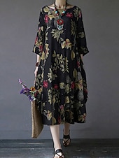 abordables Robes-Femmes Robe maxi Coton mélangé Robe fourreau Robe Décontractée Basique Occasionnel Quotidien Vacances Coupe régulière Fleuri manche longue Col ras du cou Magenta bleu marine Orange Été