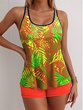 baratos Tankinis-Tankini Feminino de 2 Peças Maiô Palma Alta Sem Costas Férias Praia Vestuário Gráfico Geométrico U Decote Sem Mangas
