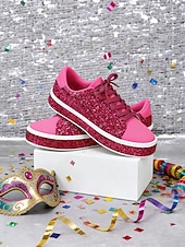 billiga Kvinno skor-Damsneakers med rosa glitter och snörning – glittrande platåskor för vardagsbruk, karneval, festivaler och fester