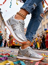 levne Dámská obuv-Zlaté metalické glitrové tenisky pro ženy Mardi Gras lehké karnevalové módní boty pro festivalové oblečení každodenní nošení cestování a oslavy