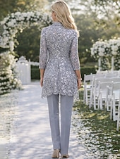 economico Tailleur pantalone della mamma-Tuta Completo Pantalone Tre Pezzi Lunghezza alla caviglia Abito da cerimonia per signora Manica 3/4 Scollo a V Elegante Taglie Forti Formale Ospite di nozze Chiffon Pizzo Con Stola con Paillettes
