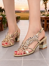 رخيصةأون النساء-صنادل نسائية بكعب منخفض مرصعة بأحجار الراين باللون الذهبي - أحذية أنيقة بفتحة خلفية مزينة بالزهور وكعب عريض مريح، مثالية لأم العروس في الحظيرة الريفية &amp;حفلات الزفاف الريفية
