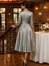 baratos Conjuntos de vestidos para mamãe-Duas Peças Linha A Longuette Vestido de convidada de casamento Vestido Para Mãe dos Noivos Manga 3/4 Decote Quadrado Elegante Vintage Tamanhos Grandes Convidado do casamento Vestidos de jaqueta com