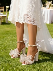 preiswerte Braut-Weiße Damen-Hochzeitssandalen mit Schleife und Blockabsatz – elegante Perlen-Sandalen mit Knöchelriemen für Bräute &amp;Brautjungfern, romantische Brautschuhe für Gartenzeremonien im Freien