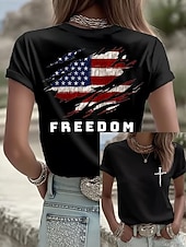  Dia da Independência Camiseta Feminina Patriótica Impressão Gráfica Letra Bandeira Americana Estilosa Clássica Casual Manga Curta Decote Redondo Tops Regulares Diário Impressão Azul Preto Branco