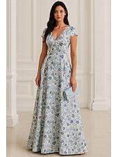 cheap A-Line Evening Dresses-A-Line Floor Length Evening Gown Elegant Floral Short Sleeve V Neck Wedding Formal Jacquard with Floral Print Pleats