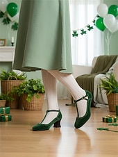 abordables Día de San Patricio-Zapatos de tacón con tira en T de terciopelo verde para mujer: calzado de inspiración vintage para festividades del Día de San Patricio, fiestas y celebraciones.
