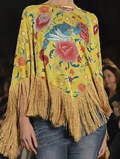 cheap Boho Tops-Women's Blouse Tassel Print Floral Active Stylish Long Sleeve Crew Neck Regular Tops Daily Holiday Going out Blue Yellow Summer Spring