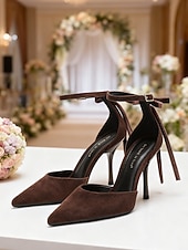 economico Invitato al matrimonio-scarpe con tacco alla caviglia in pelle scamosciata color carne da donna: eleganti décolleté a punta stiletto per matrimoni al chiuso, invitati a nozze e scarpe eleganti per feste formali