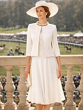 economico Set di abiti per la mamma-Due Pezzi Tubino Colonna Lunghezza al ginocchio Abito da invitata a nozze Abito da cerimonia per signora Manica 3/4 Collo gioiello Elegante Ospite di nozze Chiesa Chiffon Raso Pizzo Abiti Corti con
