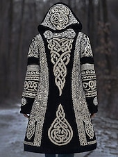 halpa Viikinki-huiput-Naisten Neule Päivittäin Vapaa-aika Kuvitettu Geometrinen Joustin Hupullinen Tilkkutäkki Tasku Napit Pitkähihainen Pitkät topit Neuloa ulko- Viikonloppu Musta Syksy Talvi