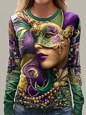 levne Dámské Mardi Gras Oblečení-Karnavalové dámské tričko s potiskem grafika geometrické vintage stylové moderní dlouhý rukáv klasický výstřih běžné topy denní víkendový potisk purpurová léto jaro