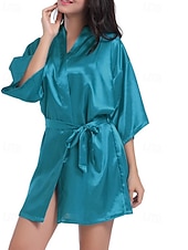 baratos Tops e partes de baixo de dormir para mulher-Women's Robe Casual Soft Satin Pure Color Daily Home Bed Short Sleeve V Neck Black White Light Green Pink Navy Blue Summer Regular Fit