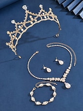 baratos Casamento ACC-Conjunto de joias de noiva com cristais para mulheres - tiara de 3 peças e colar em formato de gota. &amp;Pulseira de noiva estilo princesa com strass brilhantes. &amp;cerimônias de casamento
