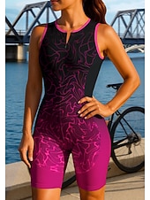 お買い得  ウィメンズトライアスロンウェア-女性用 サイクリングジャージー トライスーツ ダウンヒルジャージー ノースリーブ 夏 春 秋 ブルー ダークグレー ローズレッド+ブラック 幾何学模様 勾配 カーブ バイク サンスクリーン UV耐性 3Dパッド サイクリング 速乾性 スポーツ 衣類