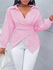 preiswerte Streifen- und geometrische Blusen-Damen Bluse Elegante Oberteile Gerafft Knöpfe Druck Einfach Gestreift Elegant Vintage Täglich Langarm Hemdkragen Normale Oberteile Täglich Arbeit Ferien Schwarz Rosa Himmelblau Grün Sommer Frühling