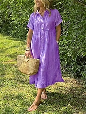 billige Essensielle falske kjoler-Dame Midikjole Kjoler i bomullslin Skjortekjole Hvit kjole Elegant kjole Elegant Årgang Mote Daglig utendørs Feriereise Løstsittende عادي Stripet Kortermet Skjortekrage Blå Hvit Rød Lilla Sommer Vår