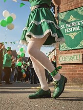  Γυναικεία πράσινα παπούτσια Oxford από ψεύτικο κροκόδειλο – φλατ παπούτσια με χαμηλό τακούνι και κορδόνια για την παρέλαση της ημέρας του Αγίου Πατρικίου, ιρλανδικά ρούχα φεστιβάλ &εορτασμοί διακοπών