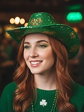  レディース 3ピース セントパトリックスデー スパンコール カウボーイハット、シャムロック サングラス &グリーンのバンダナセット - アイルランドのパレードやパーティーにぴったりの華やかなキラキラコスチュームアクセサリー &祝賀会