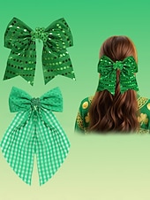  Juego de 2 pinzas para el pelo con lazo verde para mujer, para el Día de San Patricio, con lentejuelas brillantes. &Accesorios para el cabello con cinta de cuadros vichy para fiestas y desfiles en