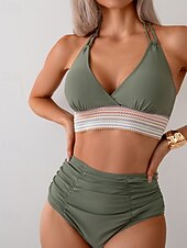 preiswerte Bikini-Sets-Damen Badeanzug Zweiteilig Freche Unterhose Bademode Gerafft Rückenfrei Urlaub Strandbekleidung Einfach Neckholder Ärmellos Badeanzüge