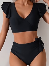 Χαμηλού Κόστους Σετ μπικίνι-Γυναικεία Μαγιό 2 κομμάτι Προκλητικό Μαγιό Σουρωτά Κουρελού Εξώπλατο Διακοπές Ρούχα παραλίας Συνδυασμός Χρωμάτων Λαιμόκοψη V Αμάνικο Μαγιό