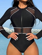 お買い得  ワンピース水着-女性用 ワンピース水着 ジップフロント モノキニ タミーコントロール ハイウエスト スリム バカンス ビーチウェア ソリッドカラー ハイネック 長袖 水着