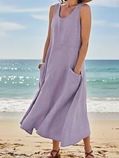 זול שמלות פשוטות-בגדי ריקוד נשים שמלת מקסי שמלת קיץ שמלה עם כיווץ במותן חופשה יום יומי חוף ליציאה מונח בצורה רפויה צבע אחיד גראפי ללא שרוולים צווארון צווארון כחול בהיר לבן סגול כתום קיץ אביב