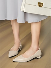 cheap Women's Flats-Women's Elegant White Pointed Toe Flats with Low Block Heel, Comfortable and Stylish Footwear for Casual or Office Wear