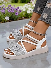 voordelige Vrouwen-Zwarte platte sandalen met enkelbandje en strasssteentjes voor dames - sprankelende, met juwelen versierde sandalen met open neus, stijlvolle en comfortabele sandalen voor elke dag.