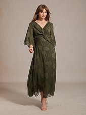  Femmes Robe maxi Robe en Chiffon Élégant Quotidien Plage Vacances Dentelle Coupe régulière Fleuri Manche 3/4 Col en V Olive