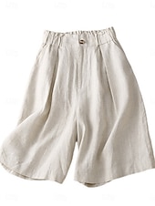 cheap Women's Bottoms-Women's Faux Cotton Linen Shorts Summer Pants Summer Shorts Vacation Basic Casual Knee Length High Waist Plain Pocket Wide Leg Elastic Waistband Comfort Quick Dry Soft Stretchy Beach Holiday Green