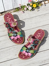 cheap Sandalias deslizantes-Women's Purple Genuine Leather Floral Wedge Sandals | Soft Comfort  Open Toe Sandals for Walking, Garden Party &amp; Casual Daily Wear