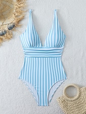 cheap One-piece swimsuits-Women's One Piece Swimsuit Slimming Colorblock Monokini Tummy Control High Waist Slim Backless Vacation Beach Wear Striped V Neck Sleeveless Bathing Suits
