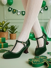 abordables Día de San Patricio-Zapatos de tacón con tira en T de terciopelo verde para mujer: calzado de inspiración vintage para festividades del Día de San Patricio, fiestas y celebraciones.