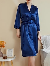 abordables Combinaisons pour femmes-Femmes Robe Occasionnel Doux Satin Couleur Unie Quotidien Maison Lit manche longue Col en V Noir Blanche Vert Claire Rose Claire bleu marine Été Printemps Coupe régulière