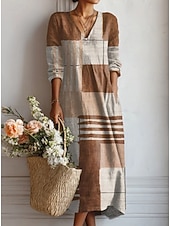 economico Abiti Boho-Abito midi da donna in lino simile traspirante leggero abito estivo A-line vacanza casual boho festa vestibilità regolare floreale grafica color block manica lunga scollo a V blu rosa marrone verde