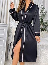 baratos Roupões para mulher-Mulheres manto Casual Macia Seda Retalhos Cordões Patchwork Diário Casa De Cama Manga Longa Decote V Preto Rosa Vermelho Cáqui Verão Ajuste Largo