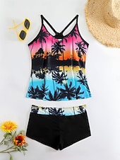cheap Tankinis-Women's Tankini 2 Piece Swimsuit Palm Boy Leg Tummy Control High Waist Slim Backless Vacation Beach Wear Floral Sunflower V Neck Sleeveless Bathing Suits