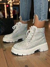 economico Stivali alla caviglia-stivaletti allacciati con glitter da donna - stivali da combattimento con plateau e strass scintillanti, stile trendy per la vita notturna, per feste e club &amp;abiti da sera