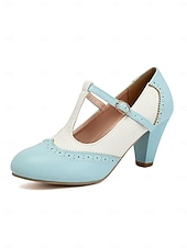 economico Retrò anni ’50-scarpe con tacco a T da donna in stile retrò anni '50, marroni e bianche, con dettagli brogue e chiusura con fibbia: scarpe mary jane vintage per ufficio, feste in giardino ed eventi a tema retrò