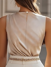 cheap Dressy Blouses-Women's Shirt Elegant Satin Top Summer Tops Ruched Patchwork Draped Solid Color Plain Elegant Vintage Ladies Sleeveless High Neck Regular Tops Daily Work Holiday Champagne Summer Spring