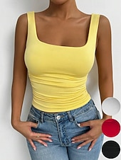 baratos Plain Tank-Women's Camisole Tank Top Solid Color Stylish Casual Sleeveless Square Neck Regular Tops Daily White Yellow Wine Red Royal Blue Summer