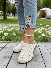 economico Zoccoli e pianelle da donna-Women's Blue Perforated Mule Clogs - Floral Detail Comfort Casual Shoes, Ideal for Garden Walks, Picnics, Daily Errands &amp; Outdoor Gatherings