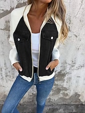 cheap Women's Outerwear-Women's Casual Jacket Denim Jacket Warm Comfortable Zipper Pocket Retro Casual Color Block Vacation Home Daily Wear Going out Regular Stand Collar Regular Fit Long Sleeve Outerwear Blue Black White