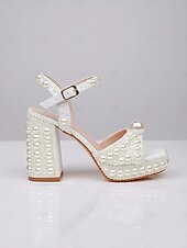 abordables mariée-Femmes Chaussures de Mariage Mariage Talons de Mariage Sandales de Mariage Chaussures de Mariée Perle Imitation Talon épais Bout ouvert Mode PU À lacets Blanche Beige