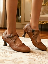 Χαμηλού Κόστους Ρετρό στυλ της δεκαετίας του 1950-Γυναικείες vintage καφέ γόβες Mary Jane με αγκράφα και brogue από απομίμηση δέρματος της δεκαετίας του 1950 – κομψές γόβες για επίσημες περιστάσεις, γραφείο και από το πρωί μέχρι το βράδυ